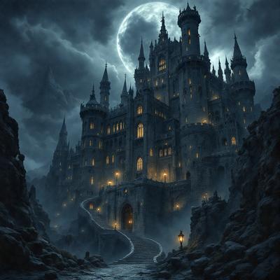 Primary subject: A large, old, and dark castle with a moon in the sky above it.

Setting/background: The castle is set in a dark, cloudy sky, with a moon illuminating the scene.

Visual style: The image is a digital art or illustration, featuring a detailed and intricate castle design.

Colors and mood: The dominant colors are dark and moody, with the castle and sky creating a dramatic and mysterious atmosphere.